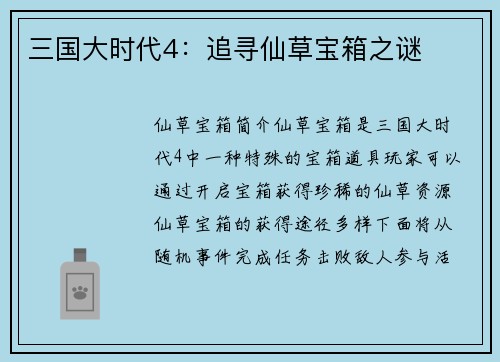 三国大时代4：追寻仙草宝箱之谜